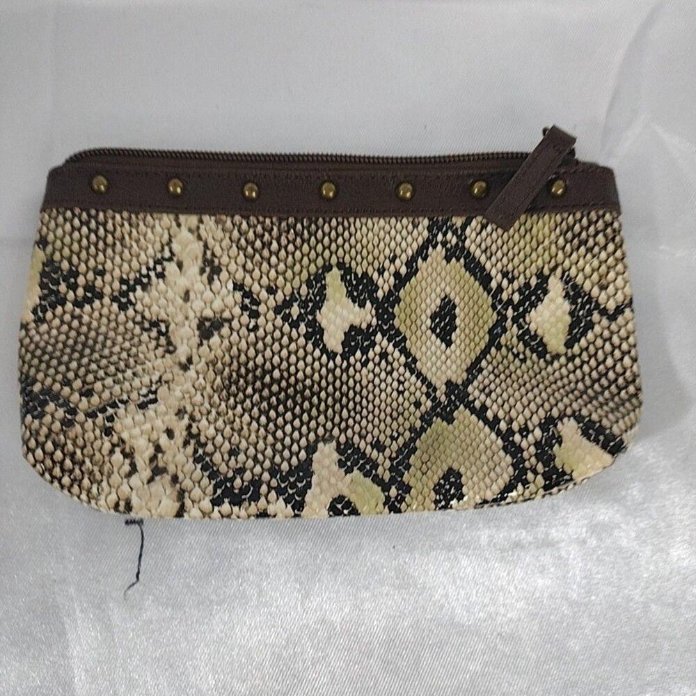 DSW Clutch Bag Womens Small Brown Faux Leather Snakeskin Gold Studded Purse